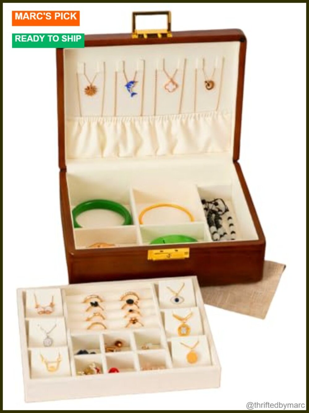 Solid Wood Jewelry Organizer Box with Lock Anti-Tarnish 2 Layer